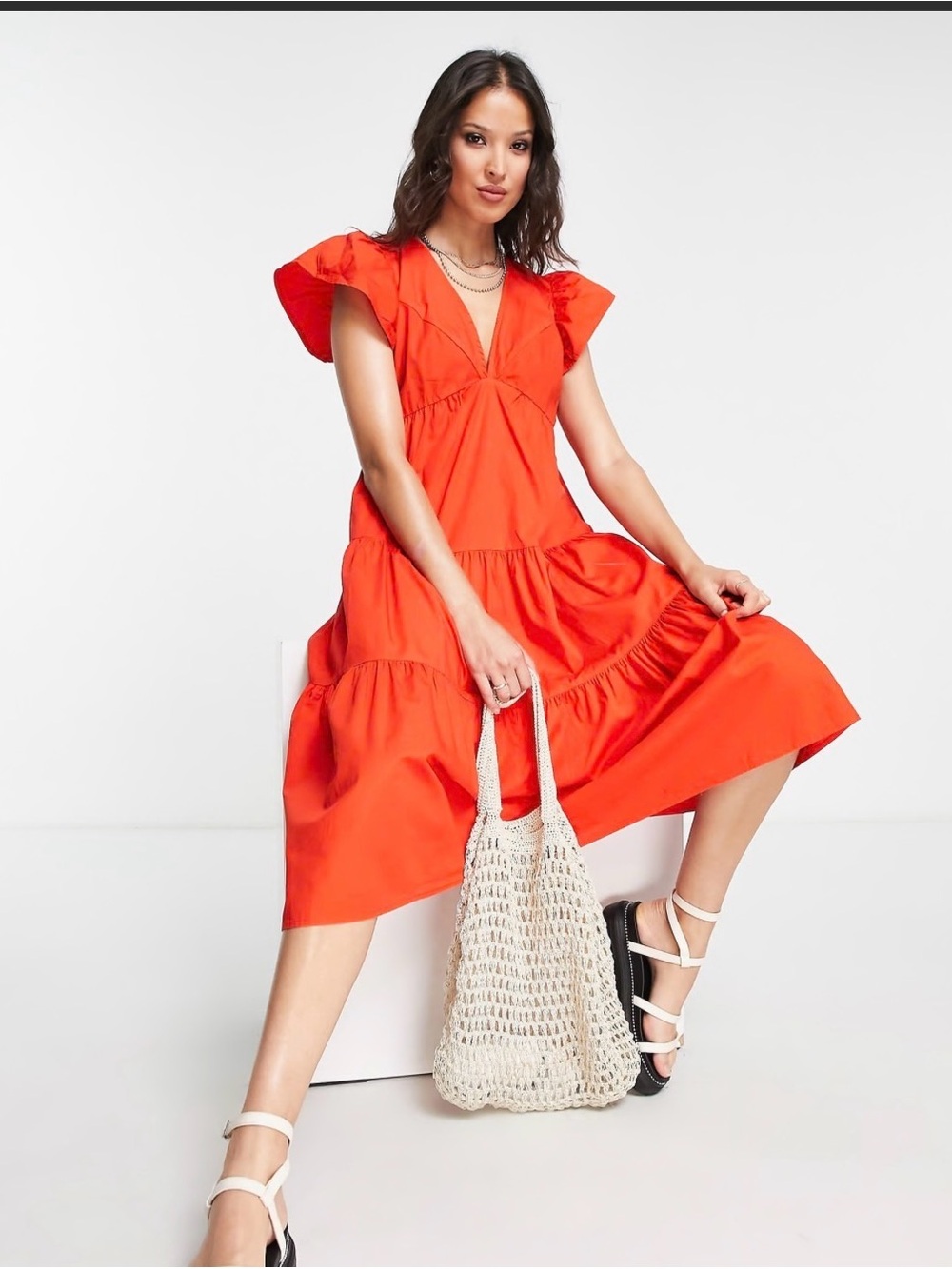Vero Moda Women’s V-Neck Tiered Midi Dress in Bright Orange xs